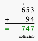Calculate 653 + 94 using long addition