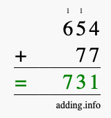 Calculate 654 + 77 using long addition