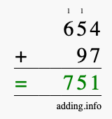Calculate 654 + 97 using long addition