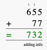 Calculate 655 + 77 using long addition