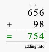 Calculate 656 + 98 using long addition