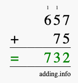 Calculate 657 + 75 using long addition