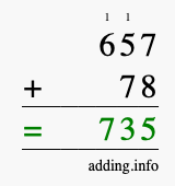 Calculate 657 + 78 using long addition