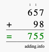 Calculate 657 + 98 using long addition