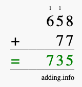 Calculate 658 + 77 using long addition
