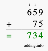 Calculate 659 + 75 using long addition