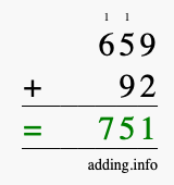 Calculate 659 + 92 using long addition
