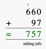 Calculate 660 + 97 using long addition