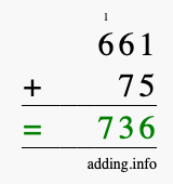 Calculate 661 + 75 using long addition