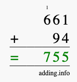 Calculate 661 + 94 using long addition