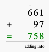 Calculate 661 + 97 using long addition