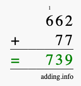 Calculate 662 + 77 using long addition