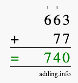 Calculate 663 + 77 using long addition