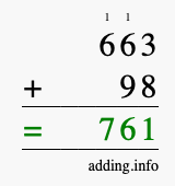 Calculate 663 + 98 using long addition