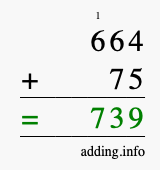 Calculate 664 + 75 using long addition