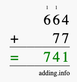 Calculate 664 + 77 using long addition