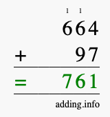 Calculate 664 + 97 using long addition