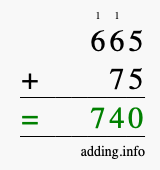 Calculate 665 + 75 using long addition