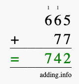 Calculate 665 + 77 using long addition