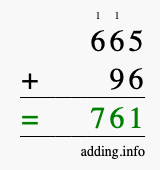 Calculate 665 + 96 using long addition