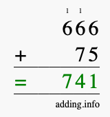Calculate 666 + 75 using long addition