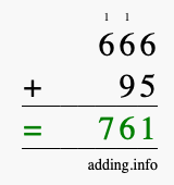 Calculate 666 + 95 using long addition