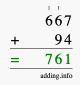 Calculate 667 + 94 using long addition