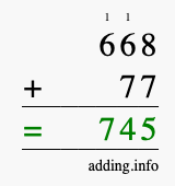 Calculate 668 + 77 using long addition