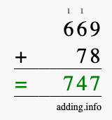 Calculate 669 + 78 using long addition