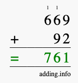 Calculate 669 + 92 using long addition