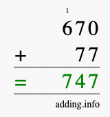 Calculate 670 + 77 using long addition