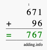 Calculate 671 + 96 using long addition