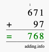 Calculate 671 + 97 using long addition