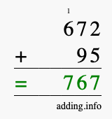 Calculate 672 + 95 using long addition
