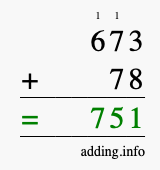 Calculate 673 + 78 using long addition