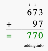 Calculate 673 + 97 using long addition