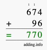 Calculate 674 + 96 using long addition