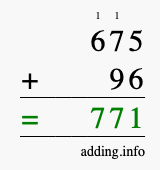 Calculate 675 + 96 using long addition