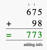 Calculate 675 + 98 using long addition