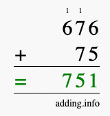 Calculate 676 + 75 using long addition