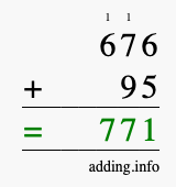 Calculate 676 + 95 using long addition