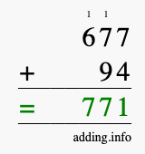 Calculate 677 + 94 using long addition