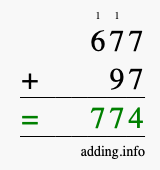 Calculate 677 + 97 using long addition