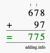 Calculate 678 + 97 using long addition