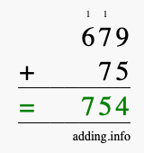 Calculate 679 + 75 using long addition