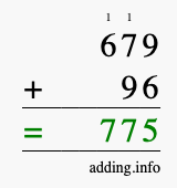 Calculate 679 + 96 using long addition
