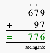 Calculate 679 + 97 using long addition