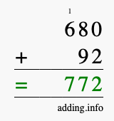 Calculate 680 + 92 using long addition