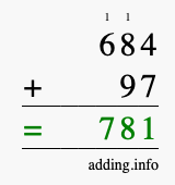 Calculate 684 + 97 using long addition