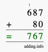 Calculate 687 + 80 using long addition